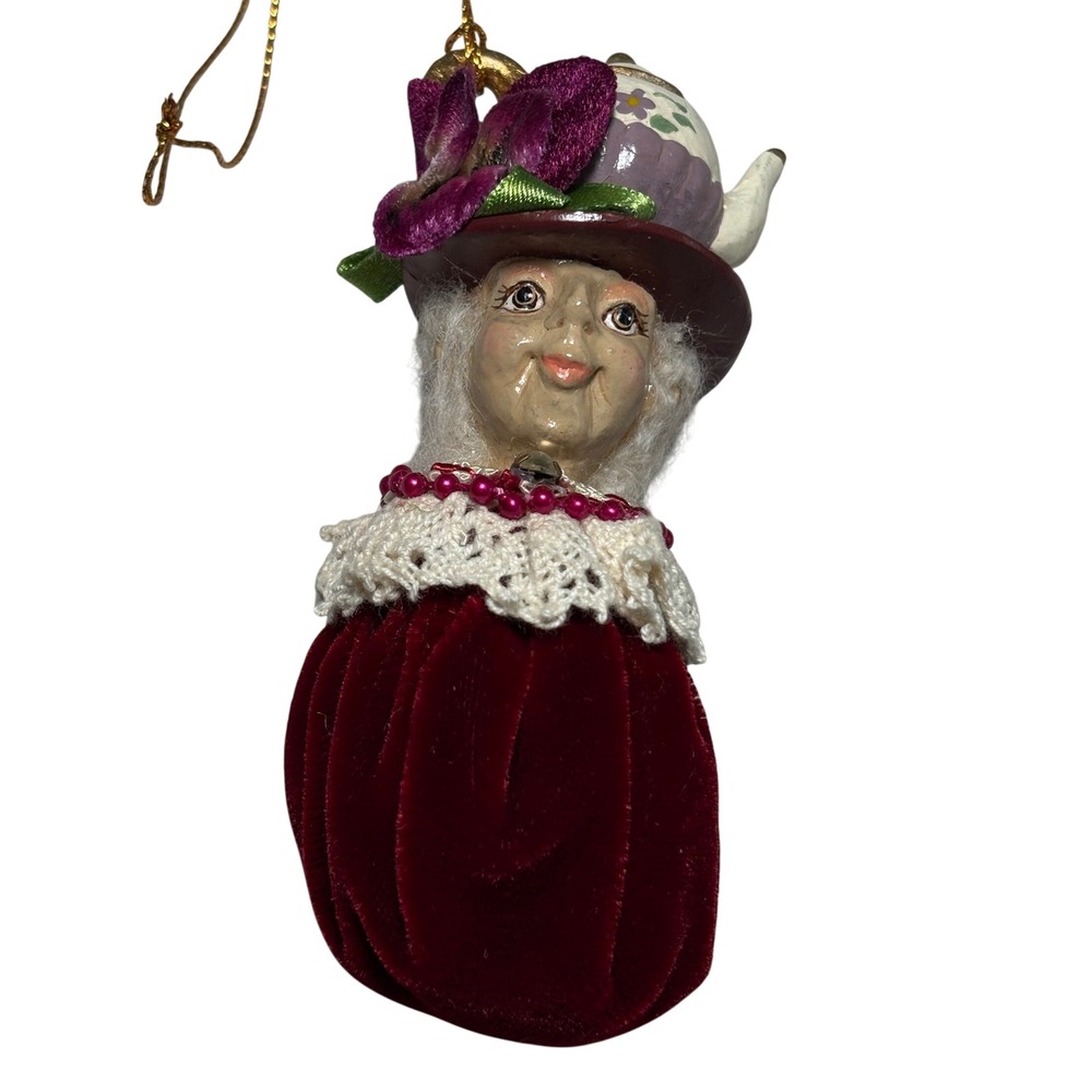 Catherine's Collection Old Lady Teapot Ornament Burgundy Velvet Lace Whimsical